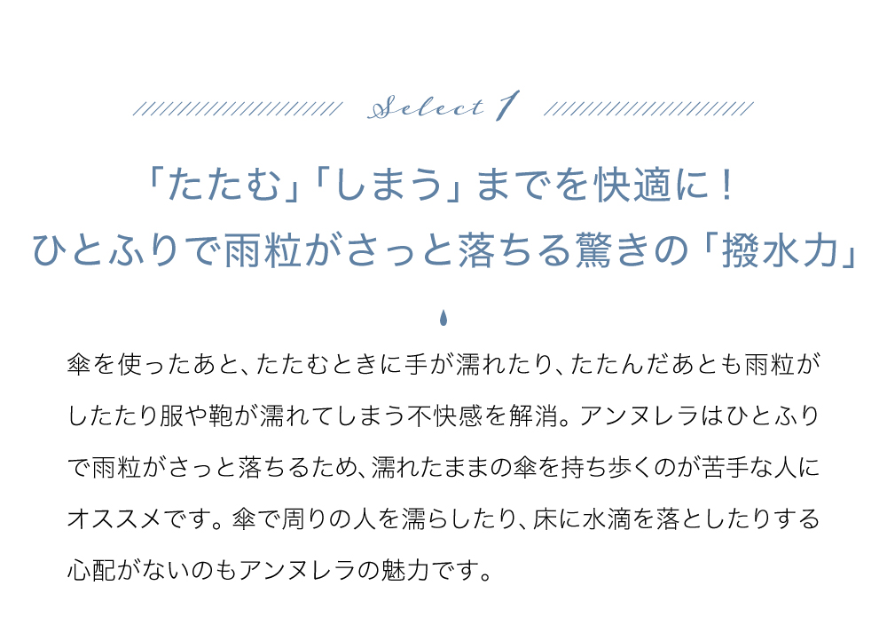 ひとふりで雨粒がさっと落ちる驚きの「撥水力」